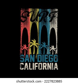 Surf San Diego California T-Shirt Design With Palm Tree And SURFING BOARD  For Print, Poster, Card, Mugs, Bags, Invitation, And Party. 
