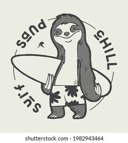 Surf sand chill. Sloth character with a surfboard vintage typography summer sports t-shirt print.