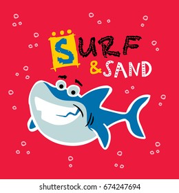 Surf And Sand. Cute Shark Vector Cartoon