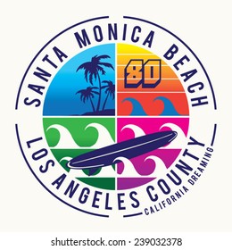 Surf Santa Monica typography, t-shirt graphics, vectors