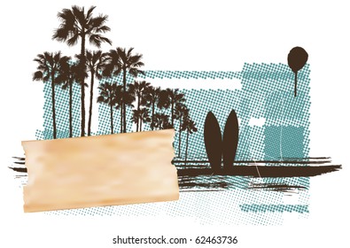 surf scene with grunge background and old paper label