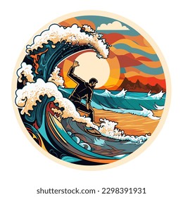 Surf scene with pipeline wave and rider. Extreme sport and active lifestyle concept. vector illustration, white background, label, sticker, t-shirt design