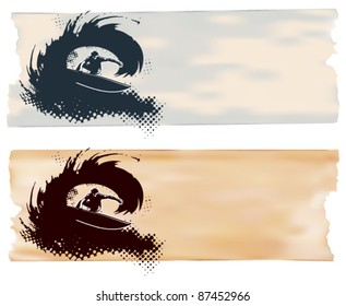 surf scene with rider in tube and paper background
