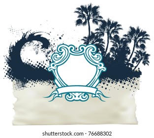 surf scene with shield and banner