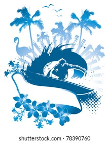 surf scene with surfer hibiscus and palms