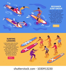 Surf school for adult horizontal banners with beginner surf group and surfing lessons  isometric compositions vector illustration