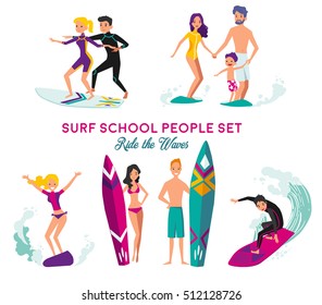 Surf school for adult and kids decorative elements set with people riding on surfboard over waves flat isolated vector illustration