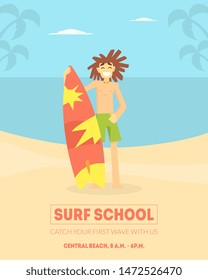 Surf School Banner Template, Smiling Male Surfer Standing with Surfboard on Beach Vector Illustration,