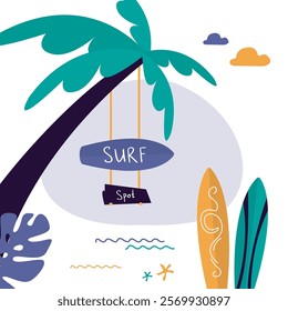 Surf school, banner template. Surfboards and palm tree on ocean shore. Summer time background. Surf camp, lessons on surfing. flat vector illustration