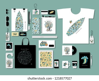 Surf school design. Corporate flat mock-up template
