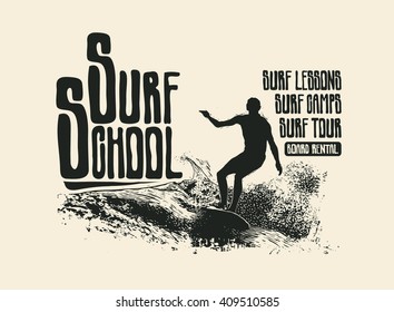 Surf school. design t-shirt. vector illustration.