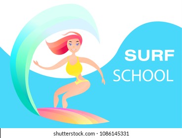 Surf school horizontal banner with young girl on surfboard at wave background flat vector illustration