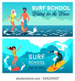 Surf school horizontal banners with young girl and boy on surfboard at wave background flat vector illustration