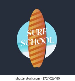 Surf School logo or club sign - vector logotype with text for website, wear, banner, surfing station, sports camp. Surfboard on the background of the sea or ocean placed in a circle.