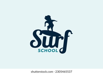 surf school logo with combination of surf lettering and surfing boy