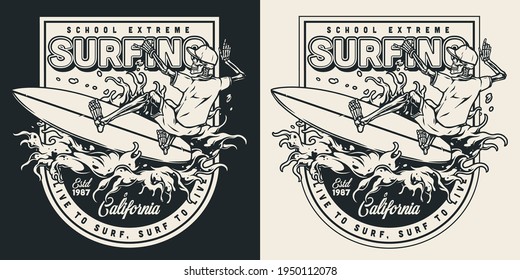 Logotipo de escuela de surf con surfista de esqueleto en pantalones cortos de gorra de béisbol y onda de cabalgadura de camisetas en vintage monocromo ilustración vectorial aislada