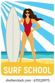 Surf school poster. Girl with Surf, Summer Holiday poster. Vector illustration.