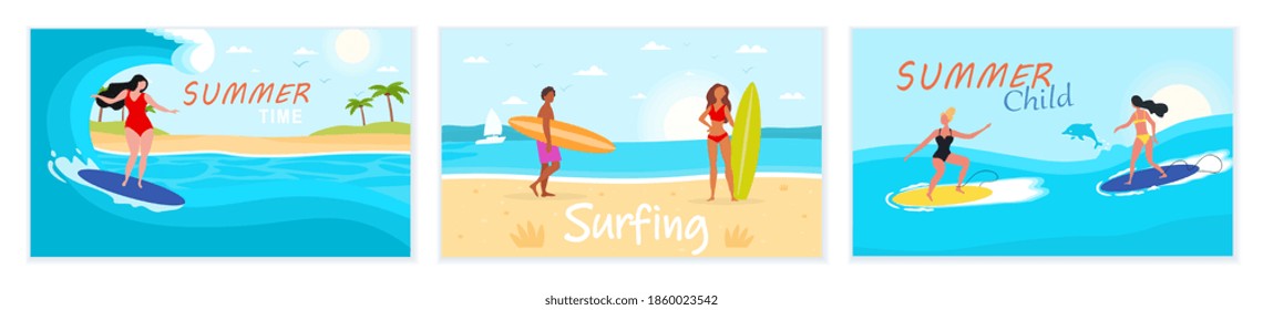 Escena de la escuela de surf. Concepto de deportes extremos al aire libre con gente surfeando en olas largas cerca de las palmeras, agua azul del mar. Ilustración vectorial de dibujos animados planos