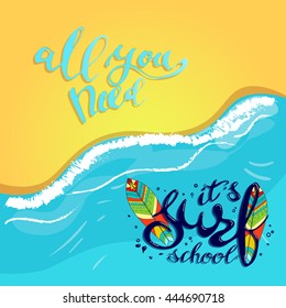 surf school t-shirt print vector concept. surf board with hand drawn letters about surf school