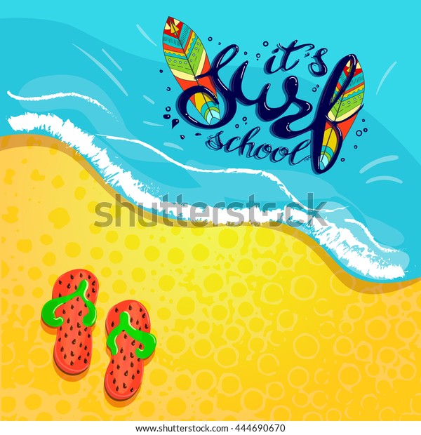 surf school t-shirt print\
vector concept. surf board with hand drawn letters about surf\
school