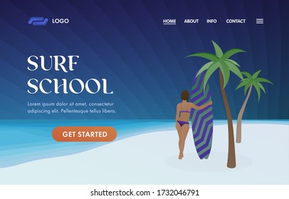 Surf School UI UX vector web template illustration for surfing station, sports camp landing page. Surfer girl standing backwards in a woman swimsuit hugs a surfboard on background of palm trees, ocean