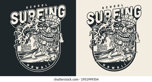 Surf school vintage logo in monochrome style with man surfer in tiki mask riding wave and showing shaka sign isolated vector illustration