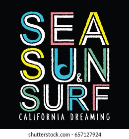 Surf sea sun typography, tee shirt graphics, vectors