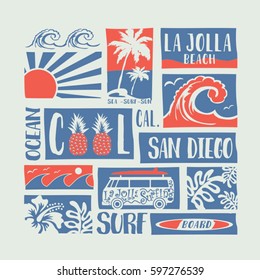 Surf sea sun van cool typography, tee shirt graphics, vectors