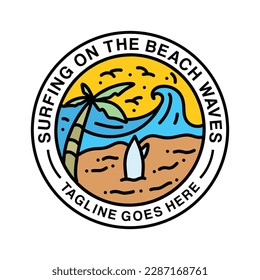 Surf Sea Wave Ocean Monoline Logo Vector Vintage Emblem Design badge illustration Symbol Icon
