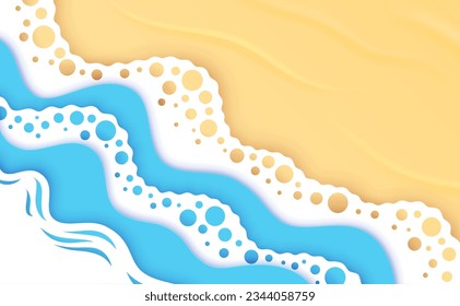 Banner cortado de papel de surf y olas de mar. Verano fondo vectorial de playa con arena y línea de surf de agua oceánica con capas de papel 3d de olas azules y burbujas de espuma blanca. Vacaciones tropicales de verano