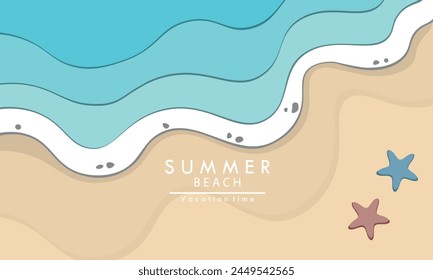 Surf y olas de mar de papel de corte de Anuncio. Fondo de Vector de playa de verano con arena y línea de surf de agua oceánica con capas de papel cortadas en 3d de olas azules y burbujas de espuma blanca. Vacaciones de verano en la playa tropical