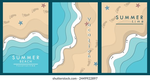 Surf and sea waves paper cut banner. Summer beach vector background with sand and ocean water surf line with 3d papercut layers of blue waves and white foam bubbles. Summer tropical beach vacation