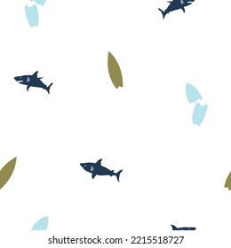 Surf seamless pattern print.Shark drawing with surfboard seamless pattern.Fun t-shirt design.