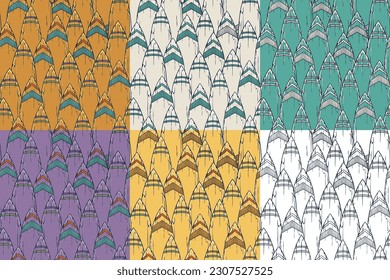 Surf seamless pattern set or surfing background collection for tiki bar. Traditional ethnic surfing of hawaii, maori or polynesian. Design of old tribal board