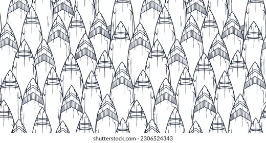 Surf seamless pattern or surfing background for tiki bar. Traditional ethnic surfing of hawaii, maori or polynesian. Design of old tribal board