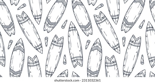 Surf seamless pattern or surfing background for tiki bar. Traditional ethnic surfing of hawaii, maori or polynesian. Design of old tribal board