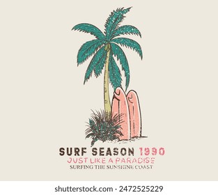 Surf season. Endless summer vector design. Surfing club artwork. Palm tree vector design. Just like a paradise.