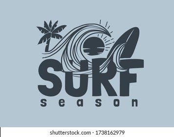 surf season slogan with graphic palm tree and surfboard on wave illustration