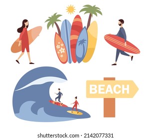 Surf set. Surfing lifestyle summer concept. Surfer people. Surfboards with different patterns, palm tree, wave. Beach water sport. Vector flat illustration