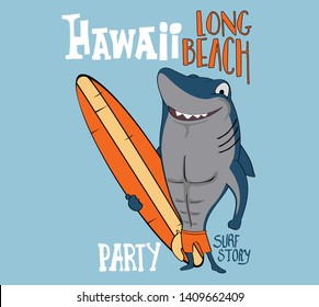 Surf Shark cartoon character for  T Shirt print design