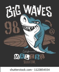 Surf Shark t-shirt print design, vector illustration.