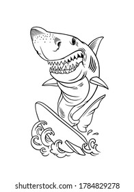 Surf Shark t-shirt print design, vector illustration. Shark on a Surfboard. Smiling Shark Cartoon Mascot Character