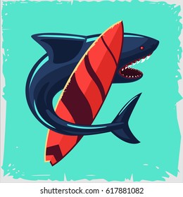 Surf and shark. Vintage poster with surfboard.