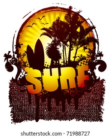 surf shield with banner and sunset