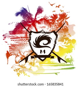 surf shield with big wave and colorful summer background