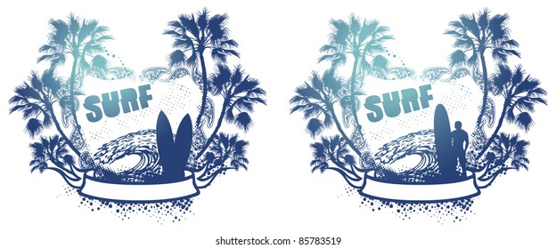 surf shield with palms and big wave