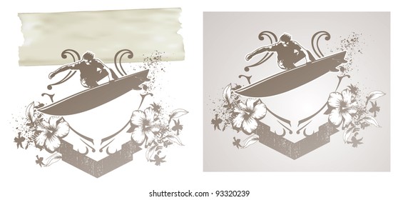 surf shield with rider grunge banner and hibiscus
