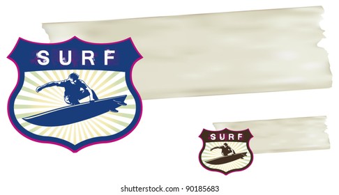 surf shield with rider jumping and paper background