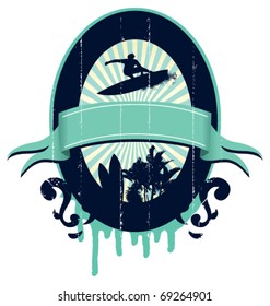surf shield with summer scene with surfer and banner