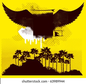 surf shield with wings and grunge coast with palms